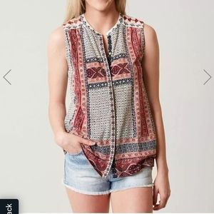 Lucky Brand Sleeveless boho button down tank Navy Blue and Red Size XS